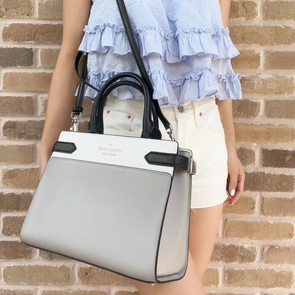 Kate Spade Staci Medium Top Zip Satchel Crossbody Colorblock Grey White Black - Picture 2 of 6